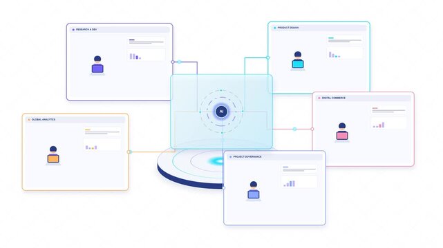 Isometric 3D animation of an artificial intelligence hub connecting multiple digital collaboration workspaces. Glowing cyan network paths activate remote teamwork panels in a seamless loop on a clean
