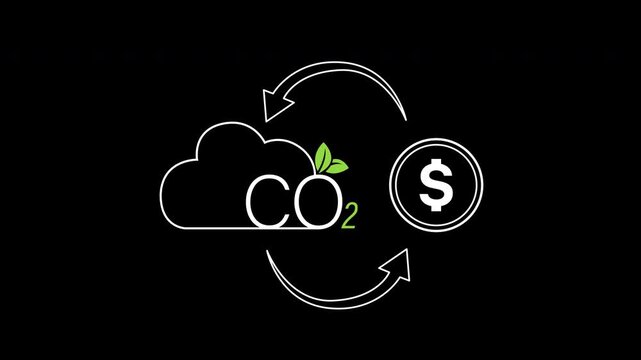Carbon credit trading icon animation on transparent background showing an emission cloud and dollar coin swap with trim paths in and out. Sustainable fintech market offset economy system concept.