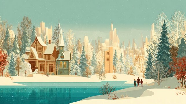 Illustration of a winter Christmas scene landscape