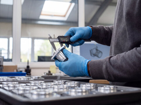 Hands measuring a precision machined aluminum part with digital calipers for quality control