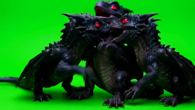 Black three-headed fantasy dragon creature on green screen background, 4K CGI video looping animation, mythical beast with red glowing eyes for film and game production visual effects