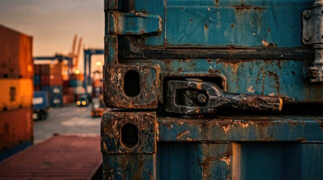 Weathered cast steel corner casting and forged twist lock mechanism securing an intermodal shipping container.