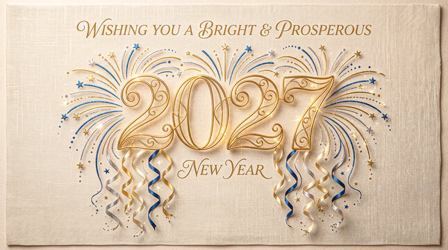 streamlined wireframe numeral 2027 sculpture with burst firework rings and hanging serpentine ribbons on plain linen background for elegant holiday celebration greeting postcard