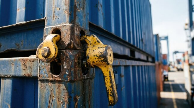 Heavy yellow twistlock mechanism locked into corner casting of weathered blue corrugated steel cargo shipping container during freight transport.