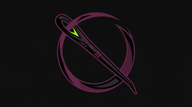Stylized sewing needle and thread circle logo design on dark background for textile craft and fashion tailoring branding