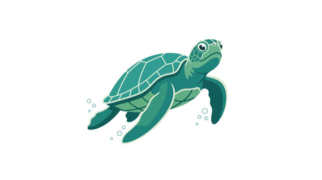 Vector illustration of a teal green sea turtle swimming with air bubbles isolated on a white background. Flat design graphic of a marine reptile with detailed shell patterns and fins.