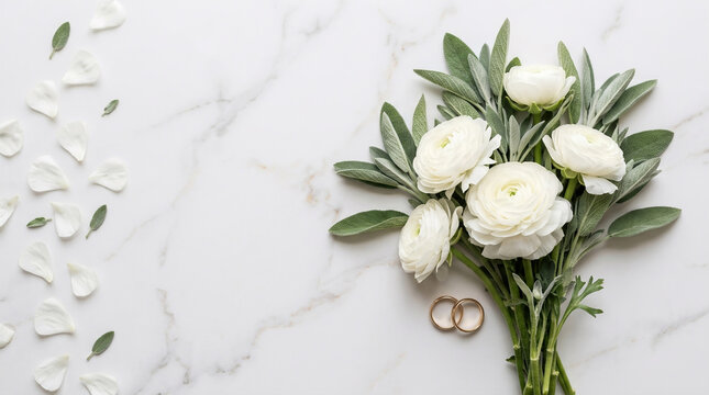 White Ranunculus Bouquet and Gold Wedding Bands on Marble, Elegant Wedding Invitation Background
