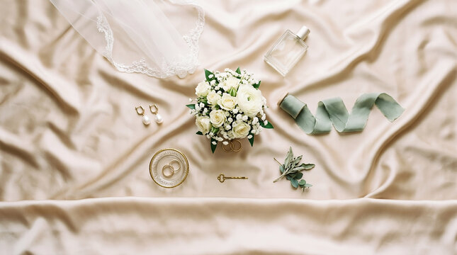 Elegant Bridal Keepsake Flat Lay with Wedding Rings and Floral Bouquet, Luxury Wedding Planning Concept