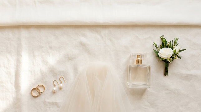 Elegant Bridal Accessories Flat Lay with Wedding Rings and Veil, Luxury Wedding Planning Concept