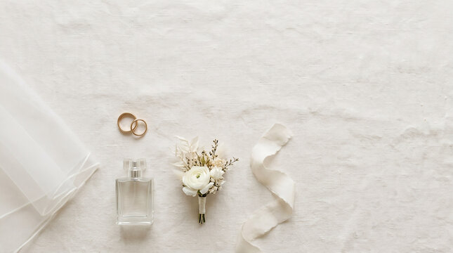 Elegant Bridal Flat Lay with Wedding Rings and Veil, Minimalist Wedding Keepsake Background for Invitation Design