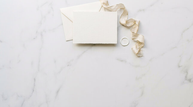 Blank Wedding Invitation Stationery Flat Lay with Silk Ribbon and Wax Seal, Elegant Minimalist Wedding Concept