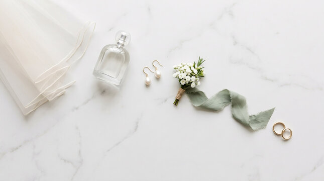 Wedding Keepsakes Flat Lay with Gold Rings and Pearl Earrings on White Marble, Elegant Bridal Luxury Concept