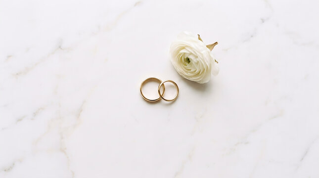 Two Plain Gold Wedding Bands on White Marble Surface, Elegant Wedding Stationery Background