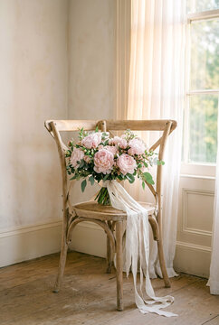 Blush Peony Bridal Bouquet on Wooden Chair, Elegant Wedding Morning Preparation Concept