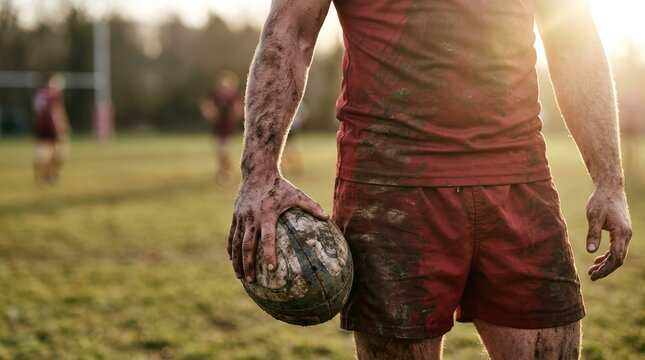 Muddy rugby player wearing red uniform holding dirty ball outdoors during practice session under bright sunlight