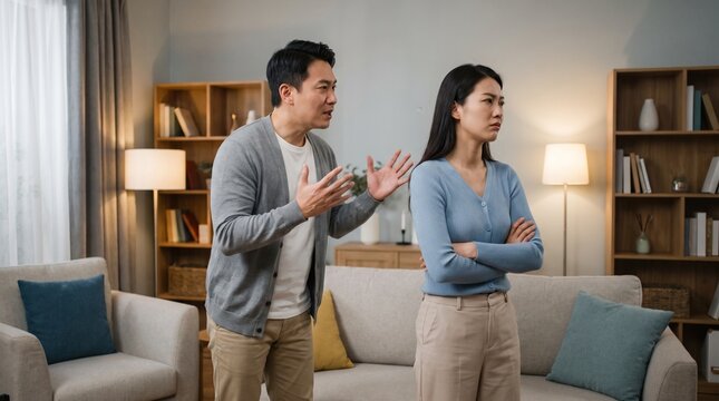 Couple arguing in living room disagreement conflict relationship problems.