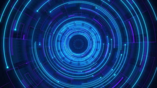 Rings purple circuit paths form deep circular tunnel nodes, nested arcs dark central opening. futuristic 19 background suits digital intros, software promos, science titles cinematic sequences