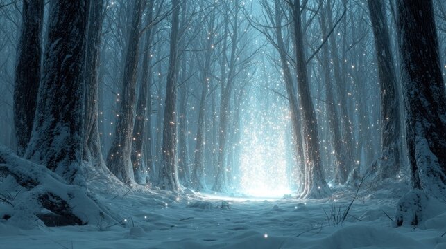 Magical snowy forest with space for content, glowing light through trees