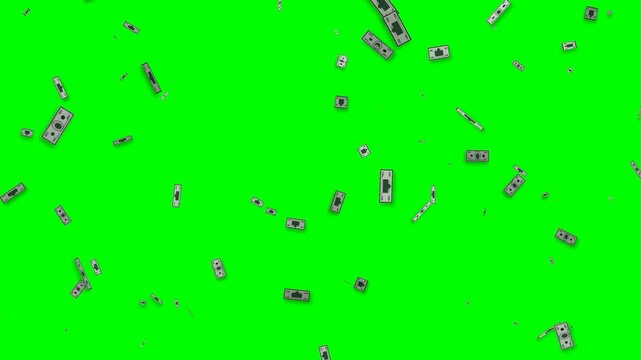Realistic 3D falling and fluttering US hundred dollar bills with tumbling rotation and paper curl on chroma green screen background, 4K 60fps 8s seamless loop.