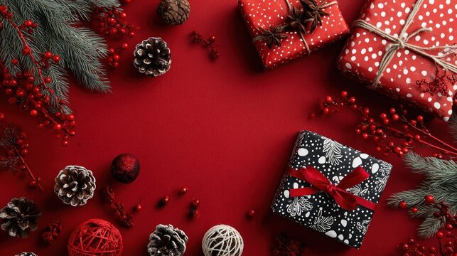 Merry Christmas. Modern Christmas flat lay. Red background
