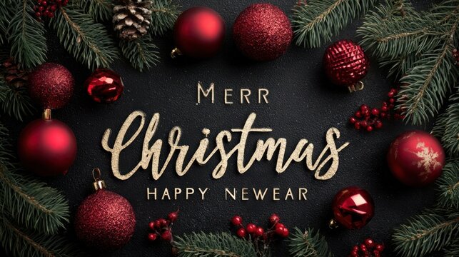 Merry Christmas and Happy New Year with fir branches and decorating balls