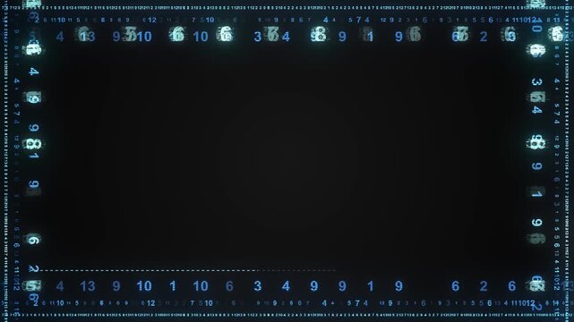 Rows numbers line edges rectangular frame fragmented static, streaks digital distortion. glitch border animation open center titles, captions, 19 promos, gaming videos expressive motion edits.