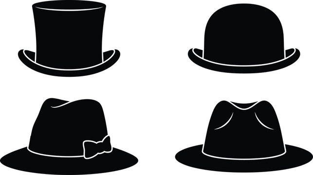 Collection of vintage formal hats silhouettes including top hat and bowler hat styles