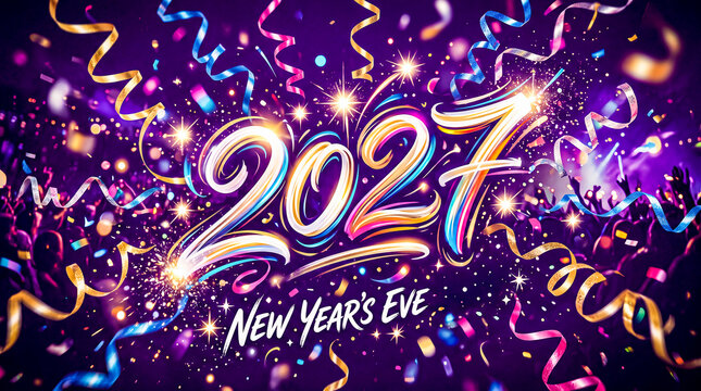 dynamic 2027 script amidst swirling party streamers and starry bursts on dark purple background for a playful minimalist new year eve event look full of visual movement