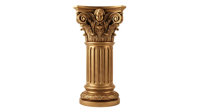 3D rendered golden classical column and pedestal featuring an ornate capital with a sculpted cherub face, detailed acanthus leaves, volutes, a fluted vertical shaft, and a floral carved base on white