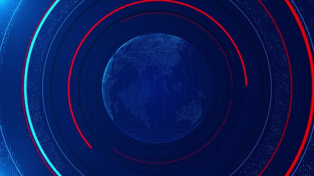 Dotted digital globe sits circular rings sweeping arc segments. Global news motion television bulletins, international reports, business coverage and current affairs programs, titles broadcast openers