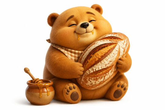 A sleepy cartoon bear hugs a crusty sourdough loaf beside a clay honey pot. Comforting bakery mascot combining rustic food with cozy indulgence