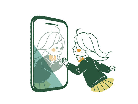 スマートフォンに映る自分と手を合わせて向き合う女子生徒
