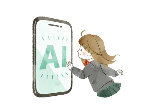 スマートフォンのAI画面に手を伸ばす女子高生-水彩