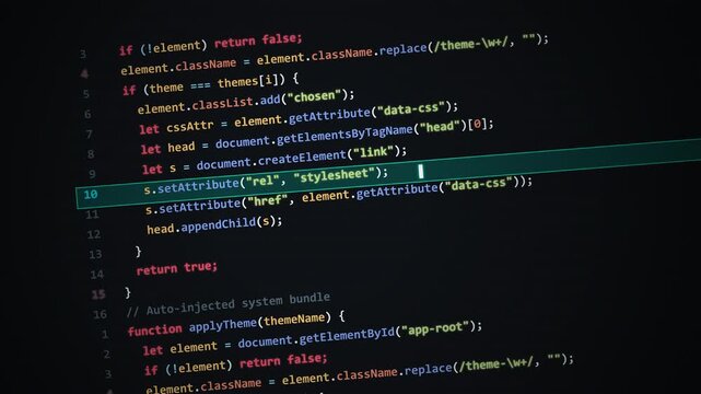 Premium 4K seamless loop animation of a dark mode IDE syntax-highlighted code editor with an active teal cursor line highlight, typewriter code reveal, depth-of-field perspective slant, and electronic