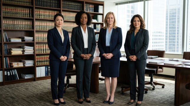 A group of confident professional female lawyers stand together in a modern law office with bookshelves and a city skyline