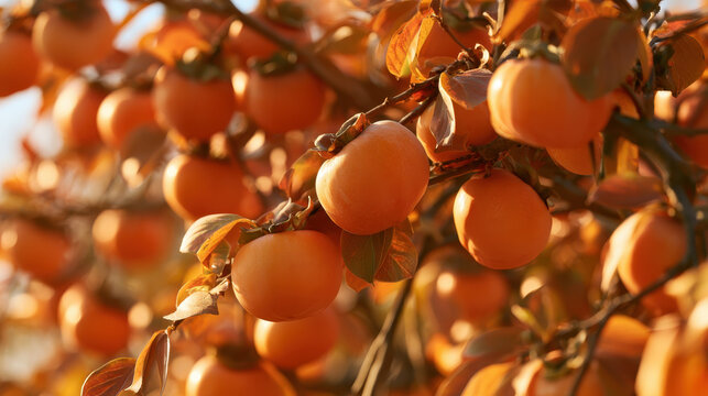 Backlit persimmons hanging on tree branches in autumn sunlight