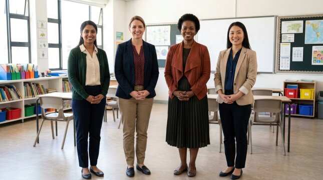 A diverse team of teachers and school staff are standing together in a well lit elementary school cafeteria