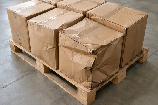 stacked cartons show crushing damage in a warehouse