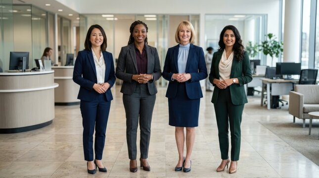 Four confident professional women stand in a modern office lobby looking at the camera
