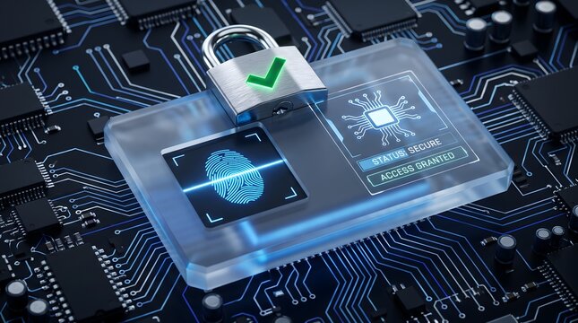 Digital security concept with fingerprint scanner padlock and access granted status on circuit board background