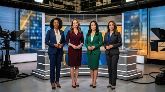 Four confident professional women are presenting the news together on a modern television studio set with a vibrant background