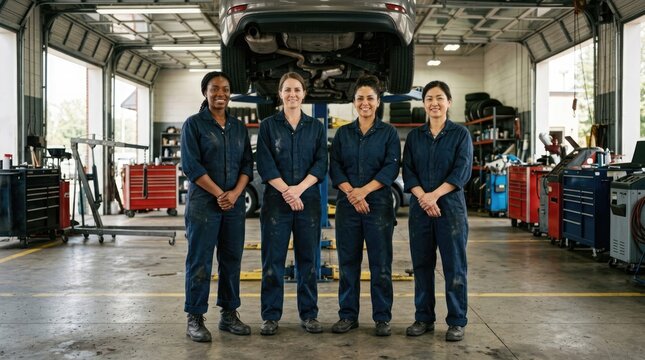 A group of skilled automotive technicians confidently pose together inside a bright and well equipped auto repair shop facility