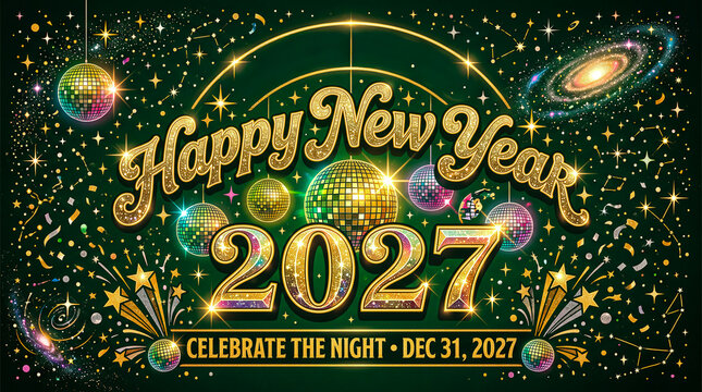 retro inspired 2027 typography with disco balls and starry patterns on rich green background bringing a vintage new year eve vibe with graphic flair and festive spirit