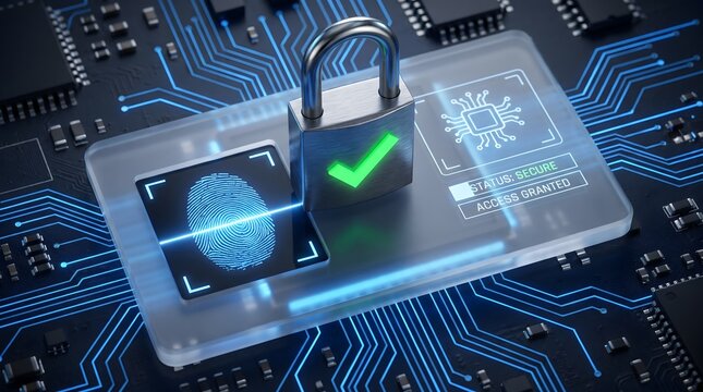 Digital security concept with fingerprint scan padlock and access granted status on a circuit board background