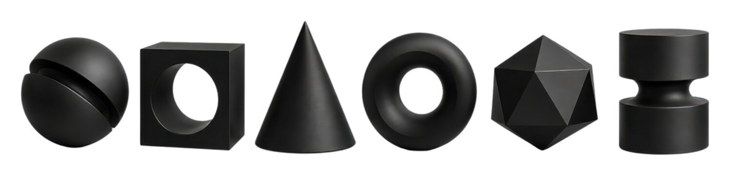 Black geometric 3D shapes isolated on a white background