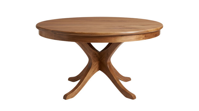 A d rendered realistic single wooden round dining table featuring a glossy smooth texture with visible grain and a central intersecting four-legged pedestal base isolated on a solid white background