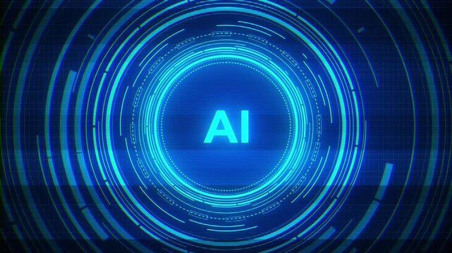 AI lettering fills center of segmented concentric rings, grid detail, scan lines. circular HUD background presents artificial intelligence 19 titles, computing explainers, web presentations.