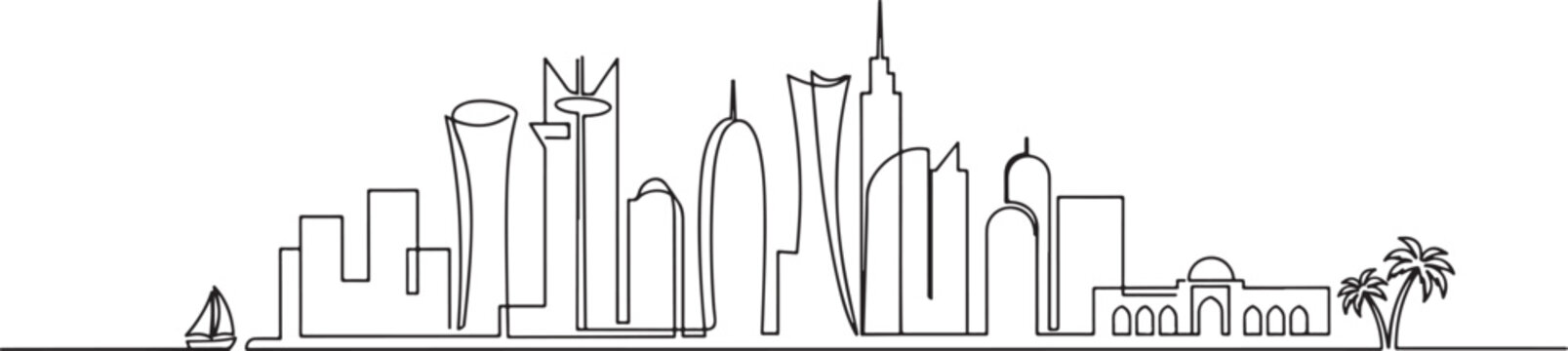 Continuous line drawing of Doha city skyline on white background.