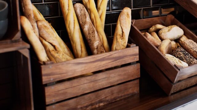 Assorted freshly baked baguettes and bread rolls sit neatly inside rustic wooden crates in a bakery display, showcasing a variety of golden crusts and artisan loaves ready for customers