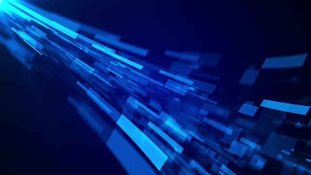 Elongated rectangular bars light lines form diagonal band toward lower right. Sharp blurred layers build perspective depth, with an open upper right area available text in abstract digital background.